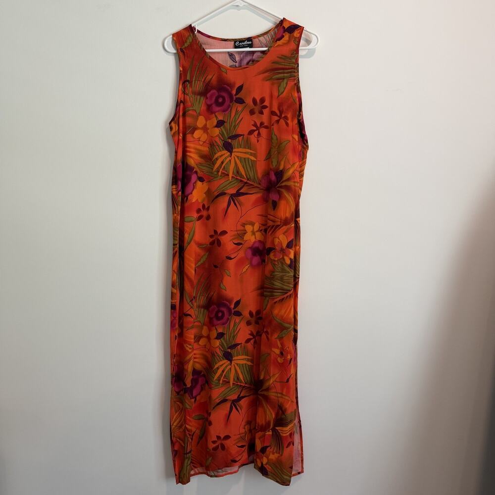 Caribou New York Women's Medium Orange Floral Tropical Maxi Dress Sleeveless
